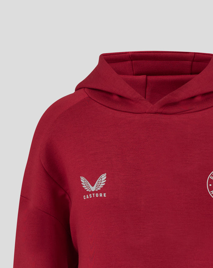 Close up of red Feyenoord travel overhead hoodie hood showing inner lining