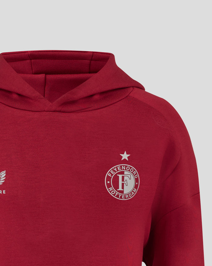 Close up of the red hooded hoody showing the white star above the Feyenoord crest on the chest area.