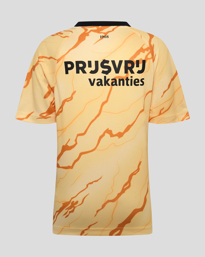 Back view of the yellow orange marble Feyenoord shirt with bold black text across the back.