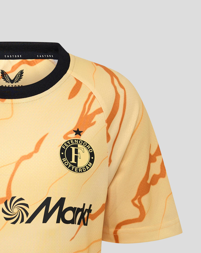 Close up of Feyenoord Vierde Shirt 2024 25 junior neck area with black ribbed collar Castore branding and tunnel print
