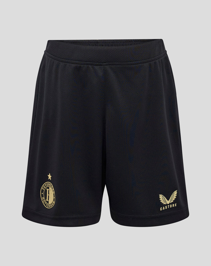 Zwarte junior korte broek met elastische tailleband en gouden Feyenoord clublogo en Castore branding