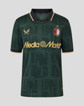 Front view of dark green Feyenoord shirt with gold trim, crest on the right chest and Media Markt across the chest.