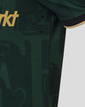 Close-up van donkergroen Twaalfde Shirt heren met gestructureerde stof en gouden mouwrand