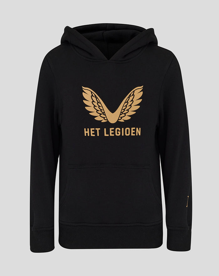 Black junior hoodie with gold wing emblem and Het Legioen text on the chest