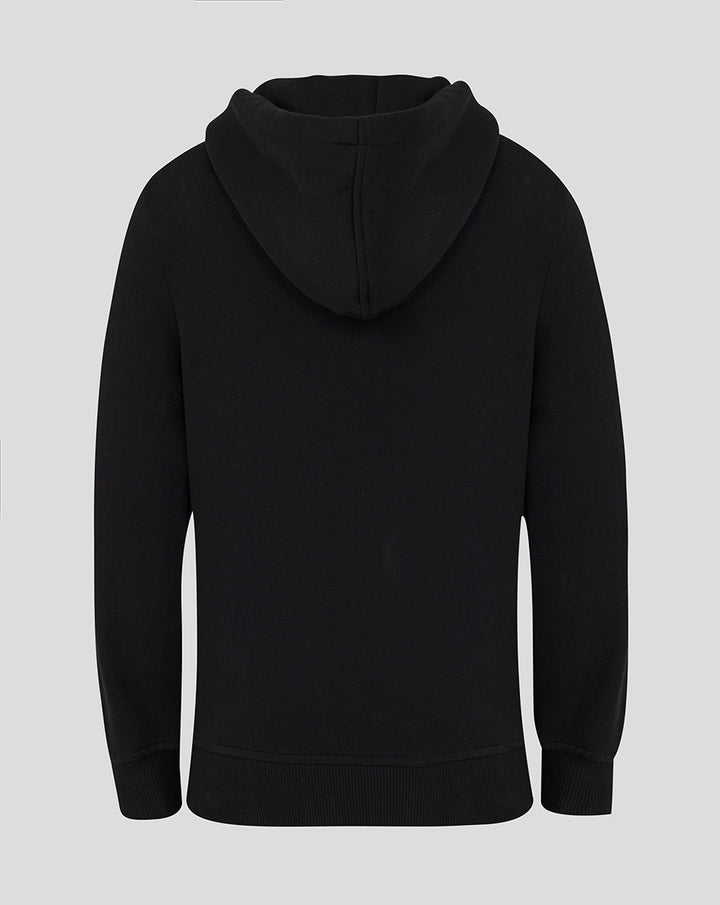 Back view of black junior hoodie with hood up
