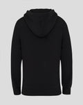 Back view of black junior hoodie with hood up