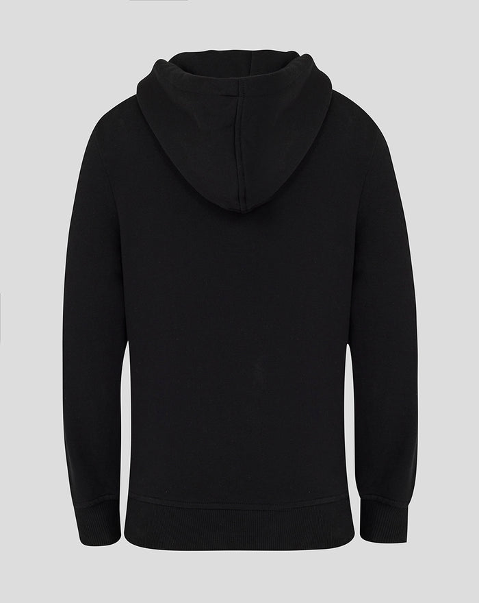 Back view of black junior hoodie with hood up