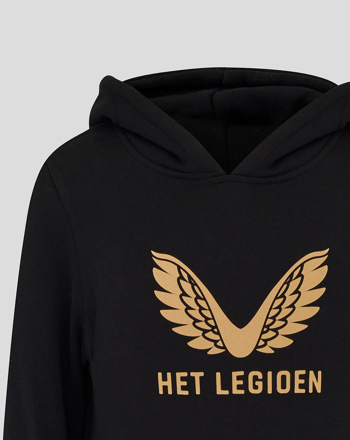 Close-up of gold wing logo and Het Legioen text on black hoodie