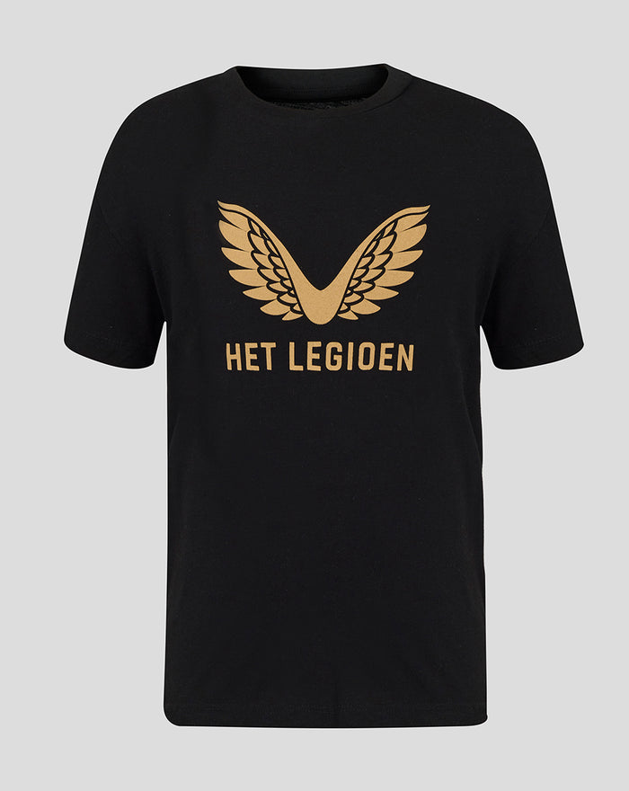 Black junior T-shirt with a gold wing emblem and Het Legioen lettering on the front.