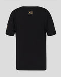 Back view of a black junior T-shirt with a gold XII roman numeral on the upper back.