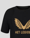 Close up of a black T-shirt showing the gold wing print and the Het Legioen text on the chest.