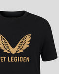 Close-up of a black junior T-shirt with a gold wing emblem and Het Legioen text on the chest