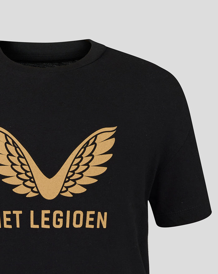 Close-up of a black junior T-shirt with a gold wing emblem and Het Legioen text on the chest