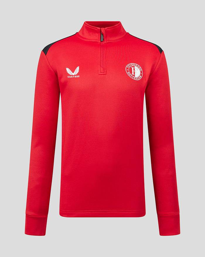 Front view of red fleece top for women with black shoulder panels quarter zip and club crest