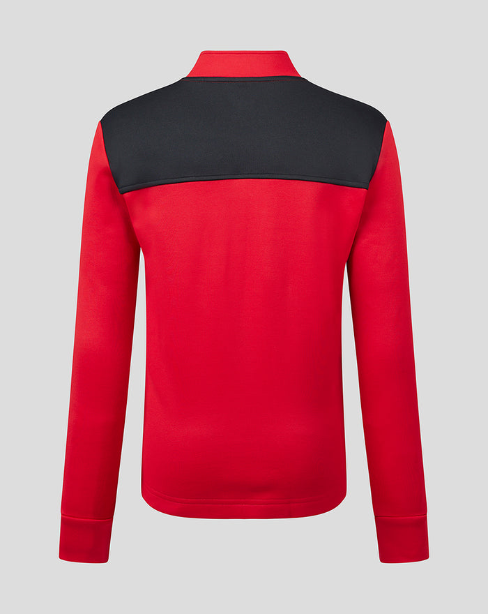 Back view of red fleece top for women with black yoke across shoulders