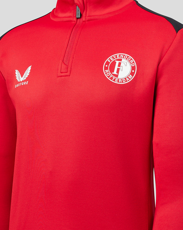 Close up of red Feyenoord fleece top showing Castore emblem on the left chest and a large Feyenoord Rotterdam crest on the right