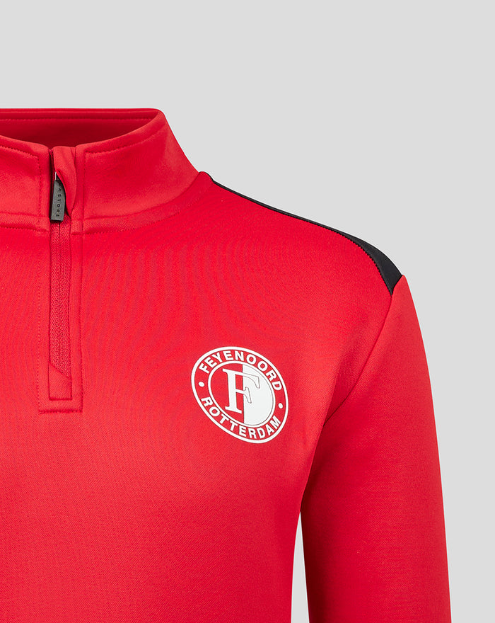 Front view of red Feyenoord fleece top with Castore branding and the Feyenoord Rotterdam crest on the chest
