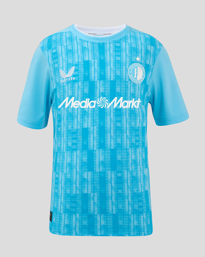 Front view of Feyenoord Keeper Thuisshirt 2024-2025 Junior in bright blue with vertical pattern, club crest left chest, Castore right chest, Media Markt across front.