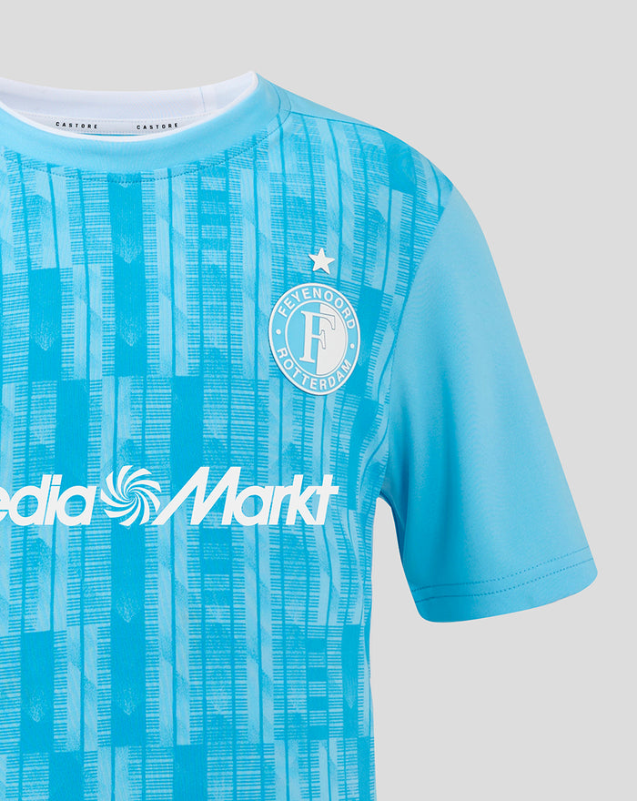 Close up of front of Feyenoord keeper shirt in sky blue with club crest on left chest and sponsor across the chest.