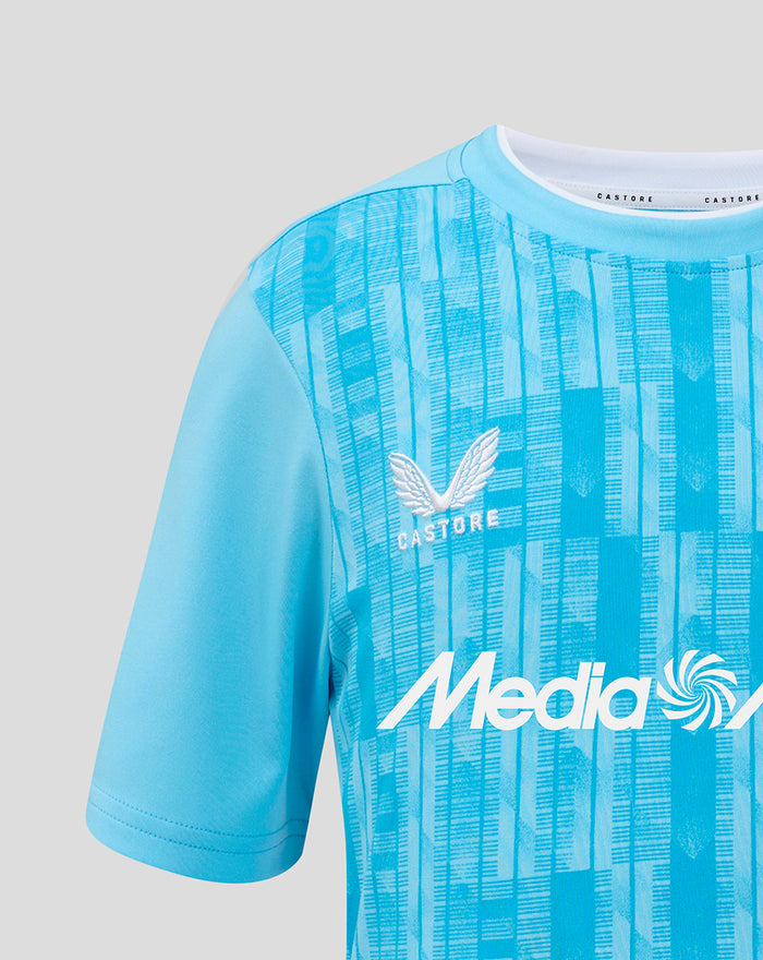 Feyenoord keeper home shirt 2024-2025 junior in light blue with vertical stripes Castore logo on chest and the Media Markt sponsor