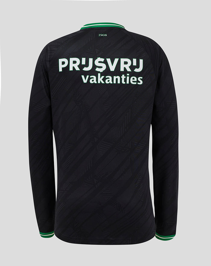 Back view of a black Feyenoord long sleeve shirt with green trim and bold white text across the back