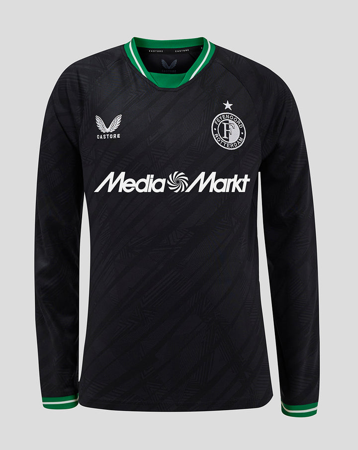 Front view of a black Feyenoord long sleeve shirt with green collar Castore logo and Media Markt sponsor