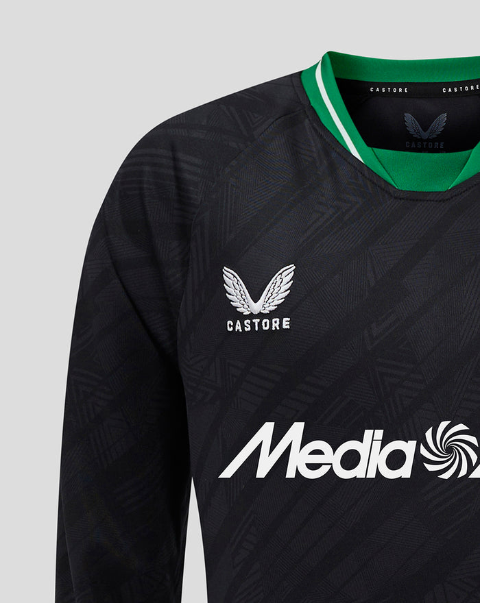 Junior Feyenoord long sleeve away shirt close up with left chest crest and Castore logo and prominent front sponsor across the chest