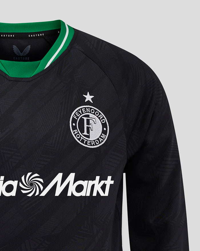 Feyenoord away long sleeve shirt in dark patterned fabric with left chest club crest, Castore logo on right, and Media Markt sponsor across the front