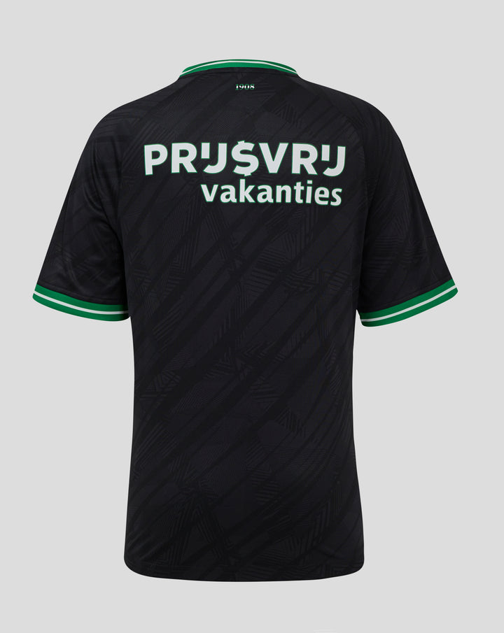 Back view of a dark Feyenoord junior away shirt with a green and white striped collar trim and bold white text across the back.