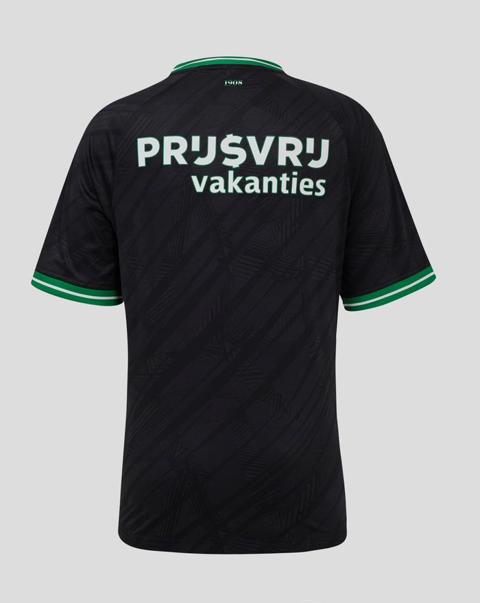 Back view of a dark Feyenoord junior away shirt with a green and white striped collar trim and bold white text across the back.