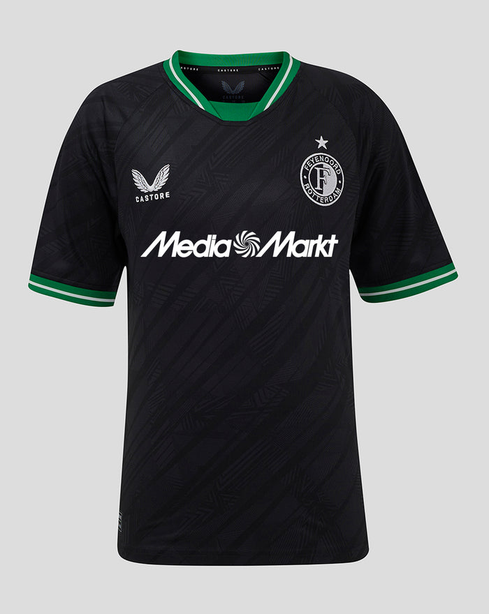 Junior uitshirt in zwart met groene kraagafwerking, Feyenoord badge op de linkerborst en grote sponsortekst over het midden van het shirt