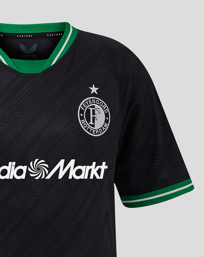 Front view of Feyenoord junior away jersey with crest on left chest, green collar, and Media Markt across the chest.
