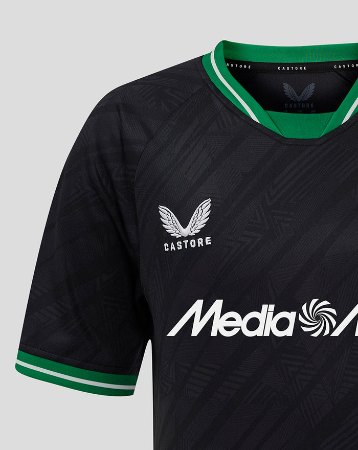 Front close-up of the black Feyenoord junior away jersey with crest on left chest and Media Markt across the front.