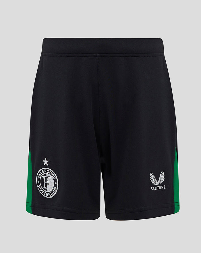 Back view of black Feyenoord junior shorts with green stripe and visible team crest on the left leg and Castore logo on the right leg