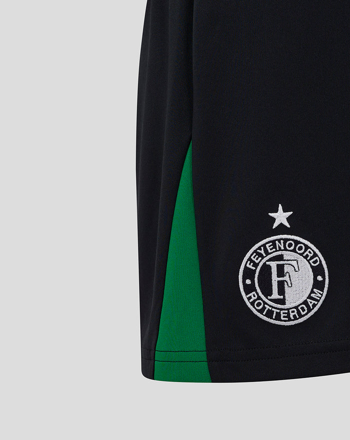 Close up of black Feyenoord shorts with a green side panel and the club crest on the right thigh