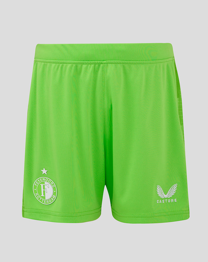Keepershorts Feyenoord in neon groen met badge op linker dij en Castore-logo op rechter dij.