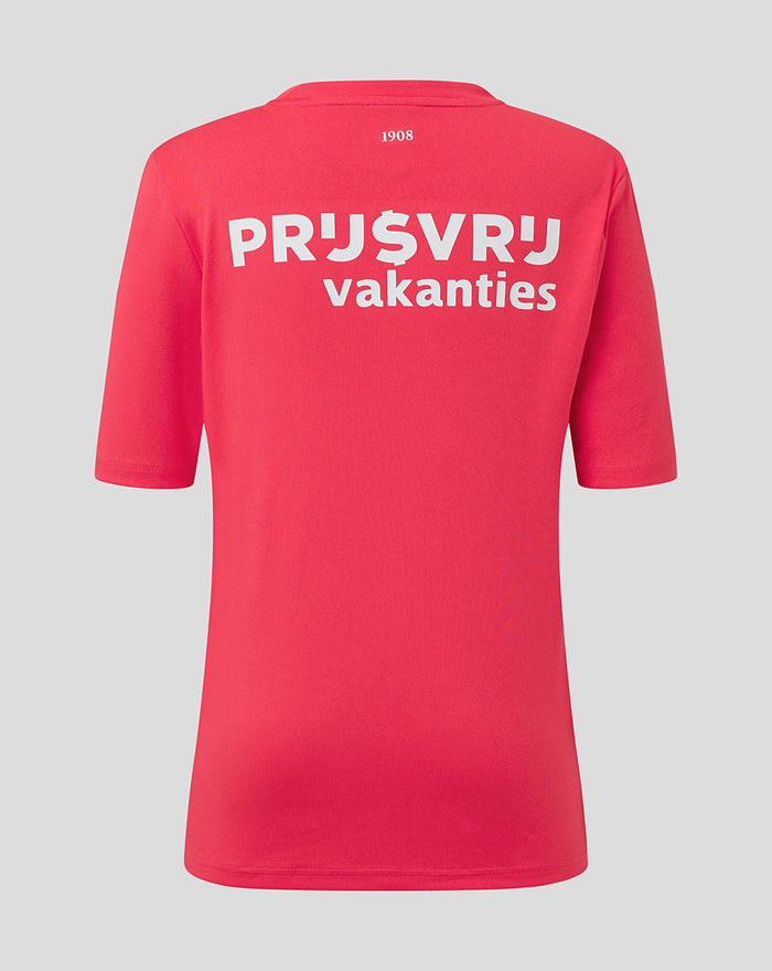 Back view of bright pink Feyenoord keeper third shirt with large white text across the back