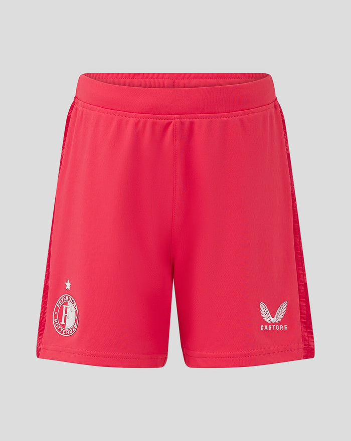 Front view of bright red Feyenoord Keeper Third Short with an elastic waistband and side panels, featuring the Feyenoord logo on the right leg and Castore logo on the left leg