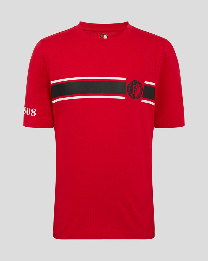 Red Feyenoord junior T shirt with white and black chest stripes and crest