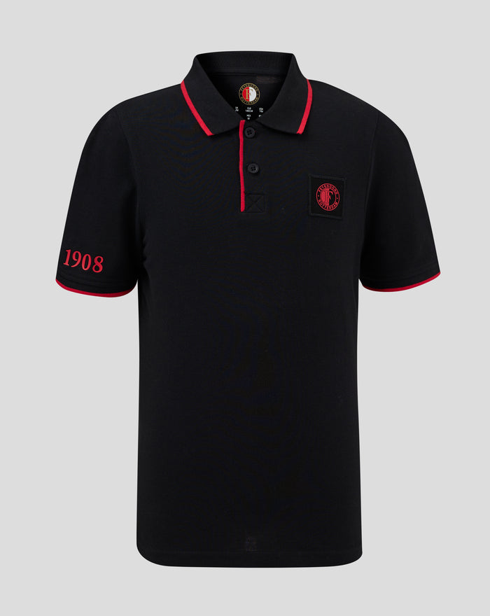 Front view of black Feyenoord Classic Polo Junior with red trim, chest patch and sleeve 1908 detail.