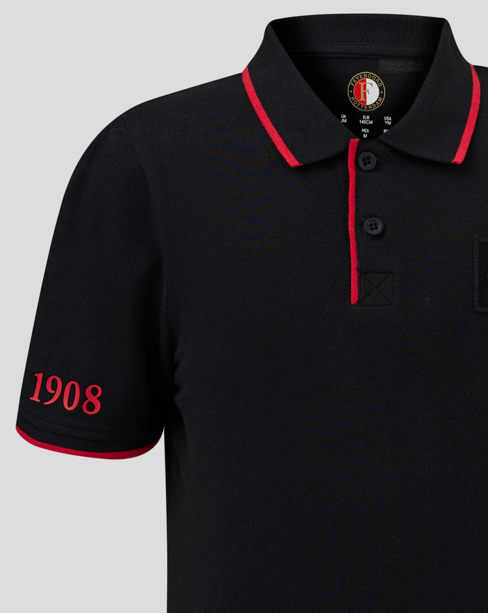 Close up of black Feyenoord Classic Polo Junior with red piping along collar and placket