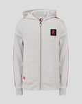Front view of light gray Feyenoord Classic junior hoodie with zip and hood, chest patch logo.