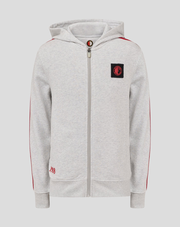 Front view of light gray Feyenoord Classic junior hoodie with zip and hood, chest patch logo.
