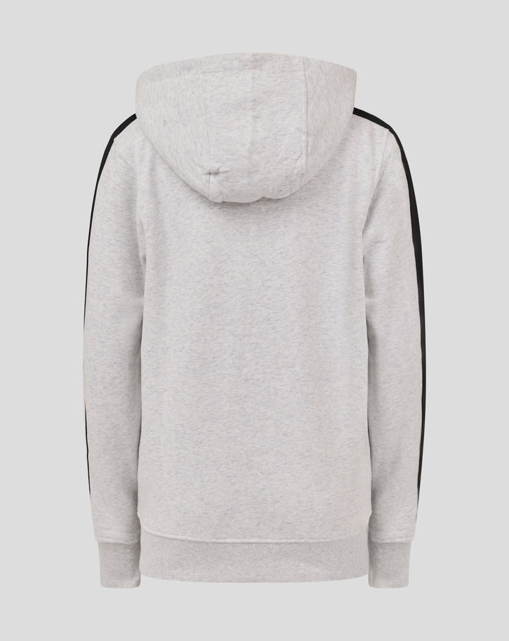 Back view of light gray Feyenoord Classic junior hoodie with black stripe down the sleeves.