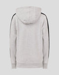 Back view of light gray Feyenoord Classic junior hoodie with black stripe down the sleeves.