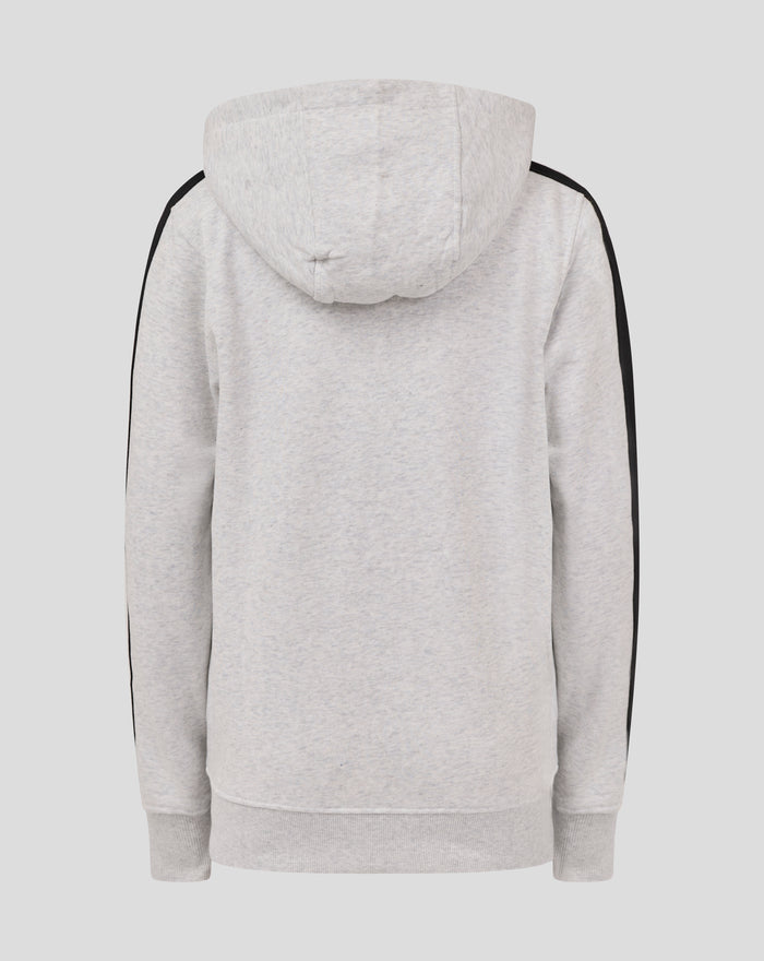 Back view of light gray Feyenoord Classic junior hoodie with black stripe down the sleeves.