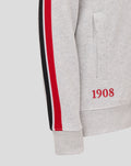 Gray hoodie with black red white sleeve stripe and a red 1908 print on the pocket area.