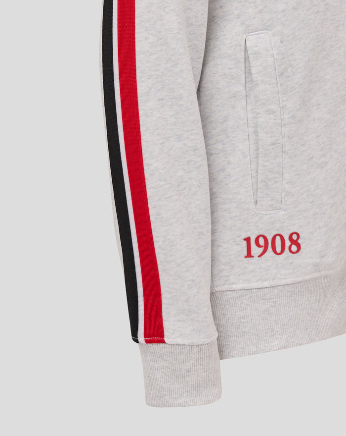Gray hoodie with black red white sleeve stripe and a red 1908 print on the pocket area.