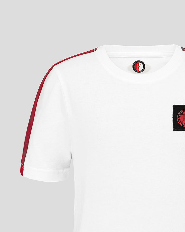 White Feyenoord junior cotton T shirt with red shoulder stripe and visible chest crest patch