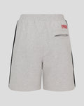 Back view of light grey Feyenoord junior shorts with elastic waistband and red 1908 on the right pocket